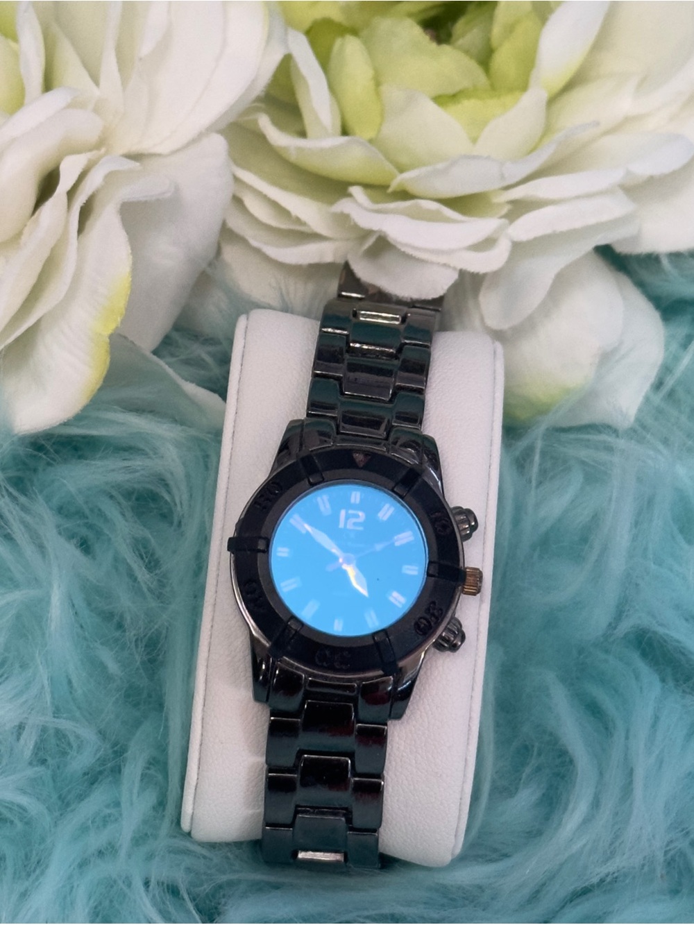 Black Women’s Watch W/Blue Iridescent Face & Gun Metal Black Band Small Face
